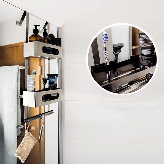 Doucheplank om op te hangen, uniek doucherek zonder boren, roestvrij staal, badkamerrek voor douche, douchemand, hangende badkamerorganizer, badkamerrek met haken, zilver