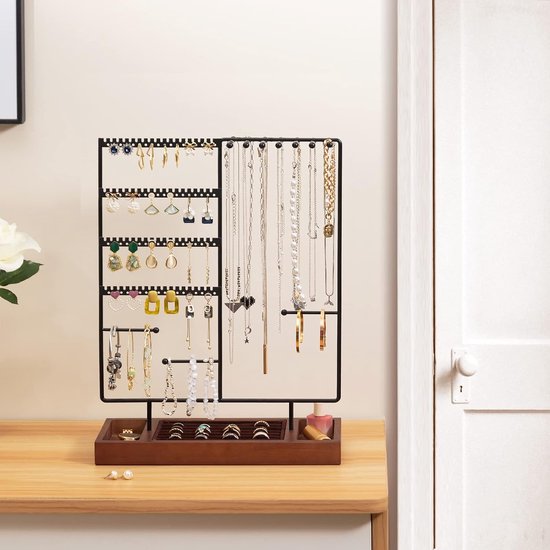 Sieradenstandaard, oorbelhouder met 144 gaten, sieradenhouder, oorstekers, kettinghouder, organizer met uitneembare ringhouder, sieradenopslag voor halskettingen, armbanden, ringen, zwart