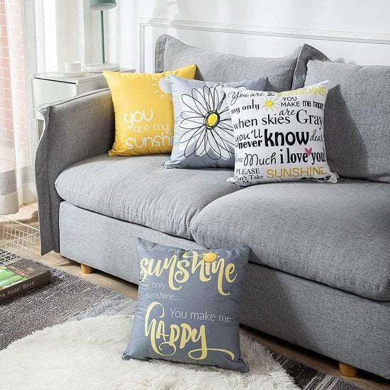 Set van 4 kussenslopen 50 x 50 cm geel en grijs wit modern Daisy You Are My Sunshine Words decoratieve outdoor kussenslopen wooncultuur vierkante kussenhoes 50 x 20 inch