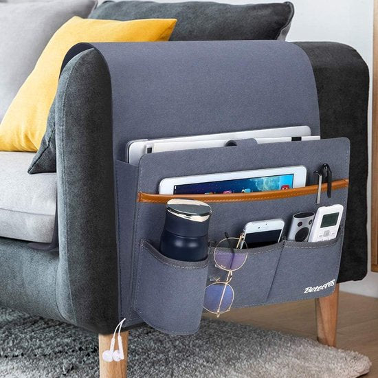 Bank Armsteun Organizer Opbergtas met 5 Zakken voor Bank Stoel Bed Armsteun voor TV Afstandsbediening Mobiele Telefoon Boeken Tijdschriften - Blauw Grijs