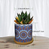 Keramische vetplantenpotten, 4 stuks, 7 cm, cactusplant, potten, mini-bloempottenset met bamboe onderzetter, miniatuurplantencontainer, decoraties voor thuis, kantoor, balkon, Mandala 01 kleurrijk