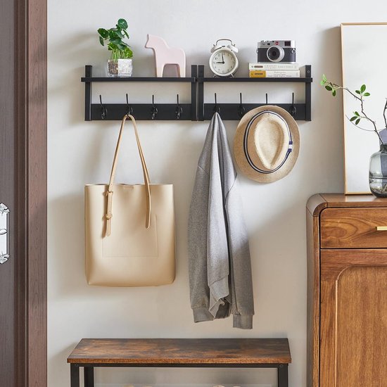 Wandkapstok met plank, set van 2 wandrekken in één pakket, garderobehaken met 8 dubbele haken, 80 cm voor hoeden, kleding, decoratie in de ingang, hal, keuken, slaapkamer, zwart