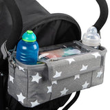 Kinderwagen organizer, buggy organizer met waterdichte regenbescherming. Grijs - witte sterren. ZONDER kinderwagen clips.