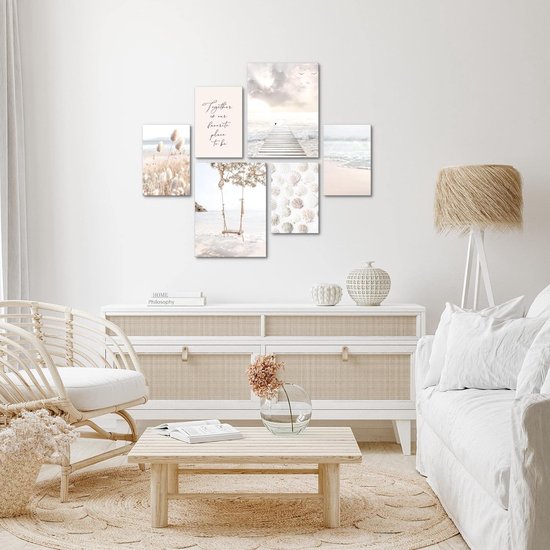 Fotoset, klaar om op te hangen, geen extra lijst nodig, strand, zee, Relax, modern, beige, woonkamer, slaapkamer.