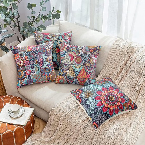 Set van 4 mandala kussenhoezen, 40 x 40 cm, waterdicht, boho, linnen, sierkussenhoezen, etno, voor slaapkamer, bank, auto, woondecoratie, 40 x 40 cm, 40 x 40 cm