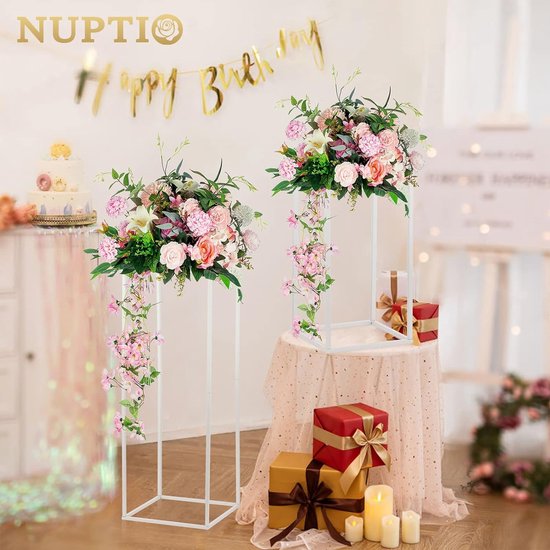 2 witte vazen voor bruiloftsborden, metalen bloemenvloervaas, zuilbloemenstandaard, bloemenvaas van 80 cm hoog met geometrisch patroon, rechthoekig bloemenrek voor bruiloftsdecoratie.