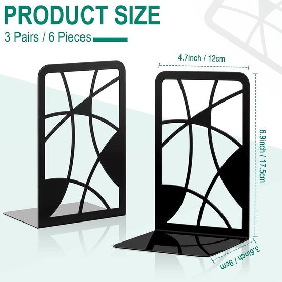 6 stuks zwarte metalen boekensteunen, decoratieve boekenkast met doorbraakrooster