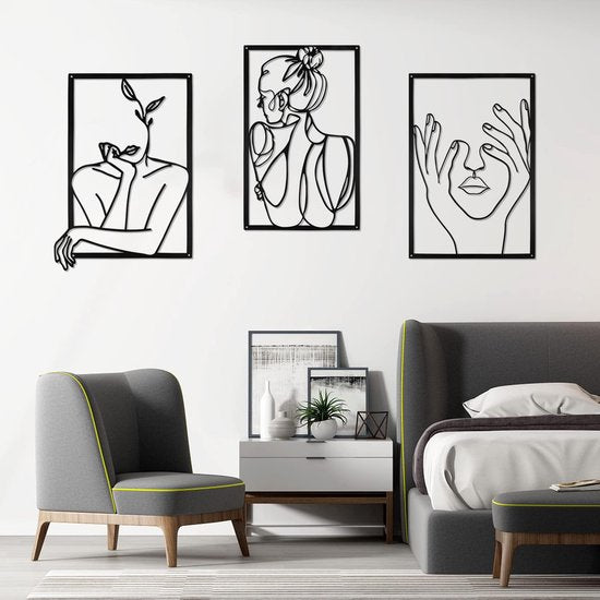 3 stuks zwarte wanddecoratie van metaal, minimalistische wanddecoratie kunst, moderne abstracte vrouwelijke lichaamsdecoratie voor slaapkamer, woonkamer, badkamer, balkon, galerij