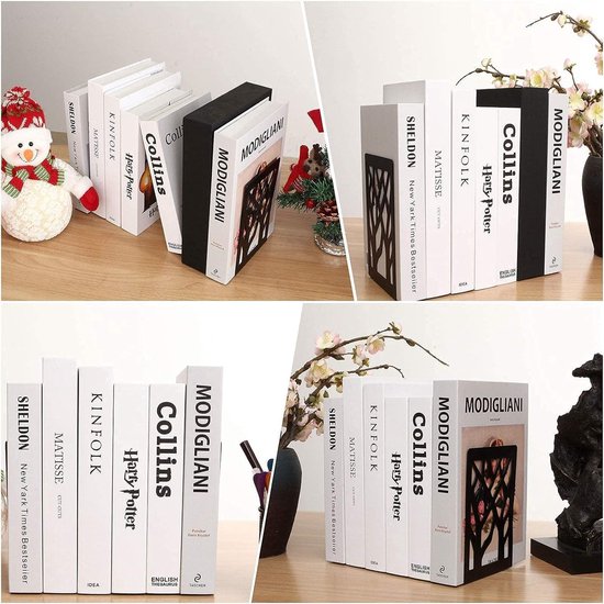Set of 6 Metal Bookends, Heavy Bookends, Scratch-Resistant and Non-Slip Bookends, Black for Children, Office, Living Room and Study Room, School, Bookstore and Library (17 x 12 cm)