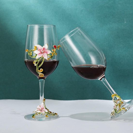 Handgemaakte geschilderde emaille bloem gin ballon glas wijnglas verjaardagscadeau voor vrouwen moeder vrienden Moederdag loodvrij (roze lelie (set van 2)