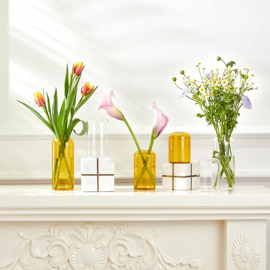 Kleine vaas set, bestaande uit 3 delen, amberkleurige cilinder, decoratieve glazen vazen voor tafeldecoratie bij bruiloftsfeesten, vintage glazen bloemenvazen voor woondecoratie, middenstukken.