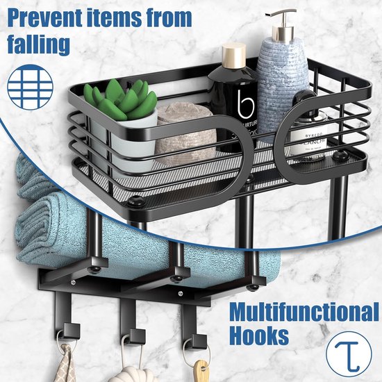 Handdoekhouder voor aan de muur, handdoekhouder met plank en 3 haken, handdoekhouder voor de badkamer kan tot 6 grote afmetingen (160 x 100 cm) van opgerolde handdoeken, mat zwart