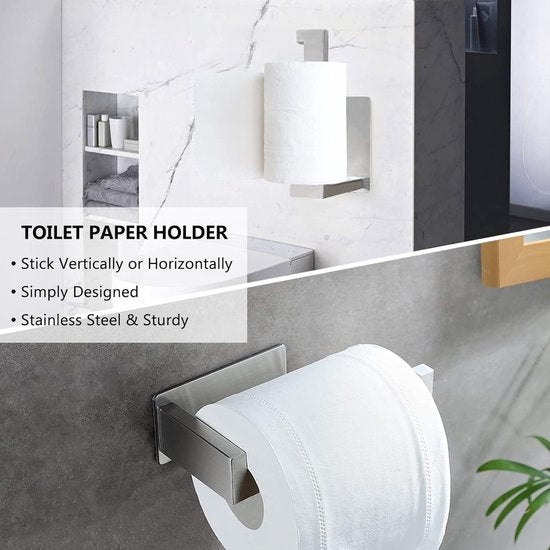 Toiletpapierhouder zonder boren, zelfklevende toiletpapierrolhouder, roestvrij staal, wc-houder, rolhouder, papierhouder met 2 stuks handdoekhaken voor badkamer en keuken, zilver