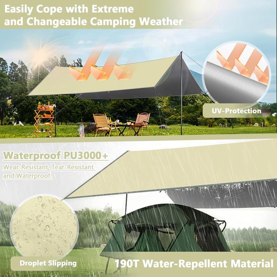 3x3M waterdicht, campingzeil tentzeilen met oogjes + nylon touwen + grondpin, uv-sneeuwregenzonbescherming, ultralicht draagbaar voor campingpicknickhangmat buitenactiviteiten