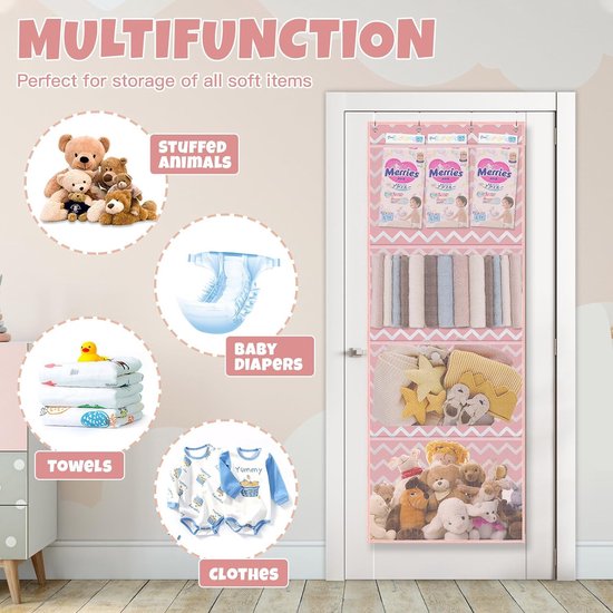 Opslag voor knuffeldieren, boven de deur-organizer voor knuffeldieren, babyaccessoires en vochtige doekjes, ademende hangorganizer met 4 grote vakken voor kinderkamer, slaapkamer, roze