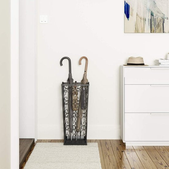 Grote zwarte metalen paraplubak, wandelstok, thuiskantoor, hal, opbergruimte, met 4 haken aan de bovenkant en een bodem die regenwater lekt, 56 x 25 x 25 cm