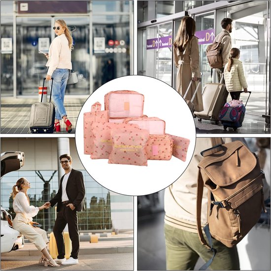 Packing Cubes Kofferorganizer, 8 stuks, kofferorganizer, pakzakken, pakzakken met schoenenzak, waszak, reisorganizer, kledingtassen voor rugzak (roze)