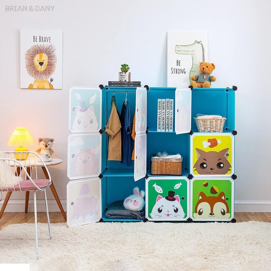 Uitbreidbaar kinderrek kinderkledingkast traprek boekenrek met deuren, diepere vakken dan normaal (45 cm vs. 35 cm), 110 x 47 x 110 cm blauw