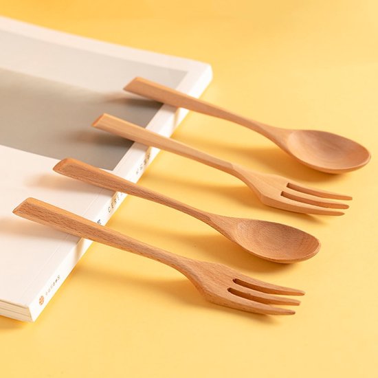 Pak van 6 houten bestekvorkenlepels, kleine vorkenlepels hout, houten keukengerei in Janpanese stijl, cakelepel en vorkset, dessertvorken en lepels, voor keuken thuis restaurant buiten