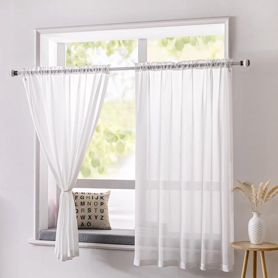 Vitrage bistrogordijn, wit, halftransparante gordijnen, set van 2 bistrogordijnen, voile transparant, kort voile gordijn met lussen, privacy, raamgordijn, decoratie voor woonkamer, keuken