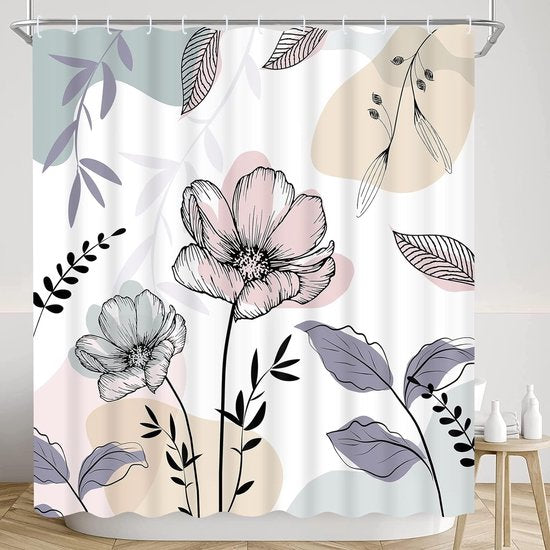 Waterproof Polyester Fabric Shower Curtain Anti-Mould Washable Flowers Shower Curtains with 12 Shower Curtain Rings, Bath Curtain with Weighted Hem for Shower Bathroom 175 x 178 cm