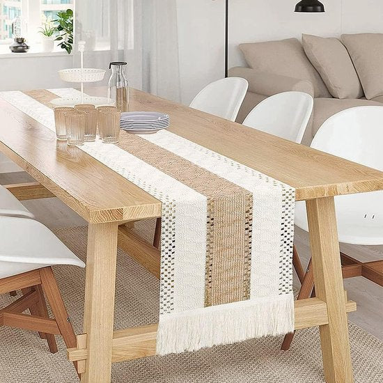 Tafelloper, modern, 180 cm lang, tafelloper, geurneutraal, bruiloft, boho, vintage, tafelloper, macramé met kwast, tafelloper voor bruiloft/banket, decoratief (kaki)