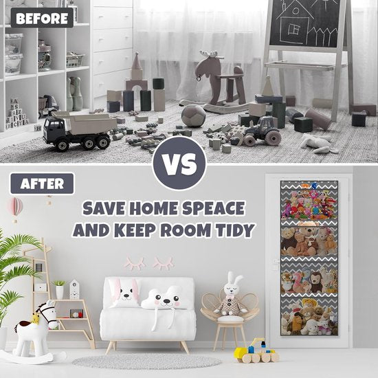 Opslag voor knuffeldieren, boven de deur-organizer voor knuffeldieren, babyaccessoires en vochtige doekjes, ademende hangorganizer met 4 grote vakken voor kinderkamer, slaapkamer, grijs