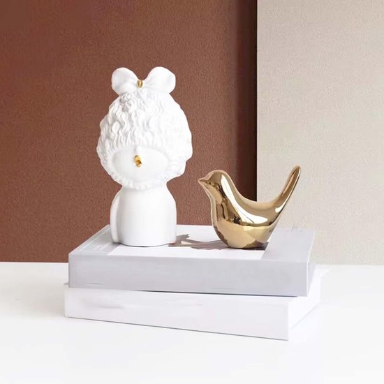 Set van 2 vogelbeelden, moderne dierensculpturen, keramische huissculptuur decoratie voor ornamenten in de woonkamer, slaapkamer, kantoor, bureau en kasten (goud)