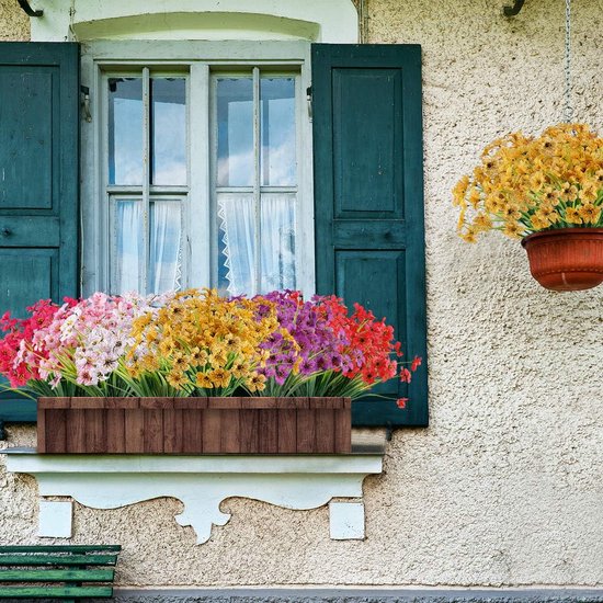 Kunstbloemen 16 bundels voor buiten, UV-bestendig, nepbloemen, vervaagt niet, faux kunststof, groenery, struiken, tuin, veranda, vensterbox, decoratie (geel)