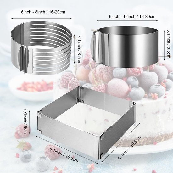 3 stuks taartringen, verstelbare set, bakframe, rechthoekig verstelbaar, taartbodemsnijhulp, taartvormset voor bakken en voor het bereiden van taarten, voor bakken, gelaagde taarten