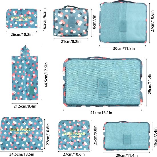 Packing Cubes Kofferorganizer, 8 stuks, kofferorganizer, pakzakken, pakzakken met schoenenzak, waszak, reisorganizer, kledingtassen voor rugzak (eenhoorn)
