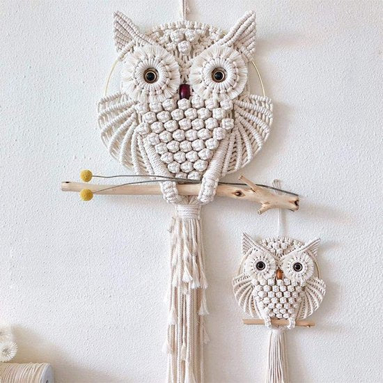 2 x Uil Macrame Muuropknoping Wanddecoratie Handgemaakt Boho Ornament Muurkunsthanger Woondecoratie Kantoor Woonkamer Slaapkamer Kinderkamer Ambachtelijke Decoraties