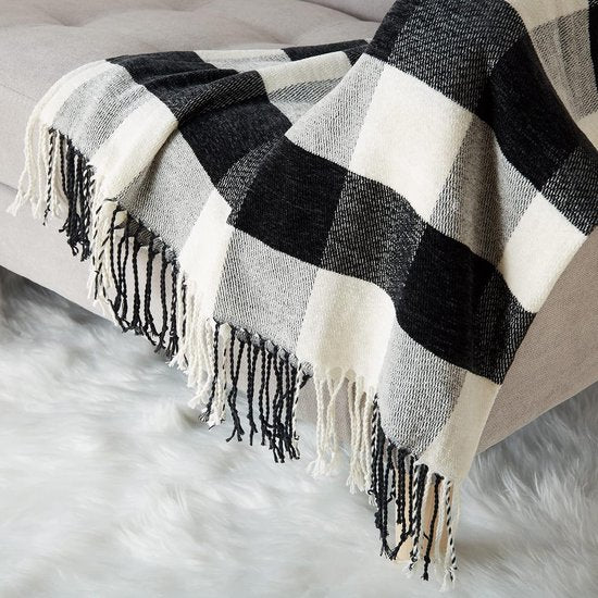 Zachte, gebreide, wollen deken, kwast, plaid, knuffeldeken, bankdeken, slaapdeken, deken, deken, deken, 127 x 152 cm, meerkleurig (zwart)