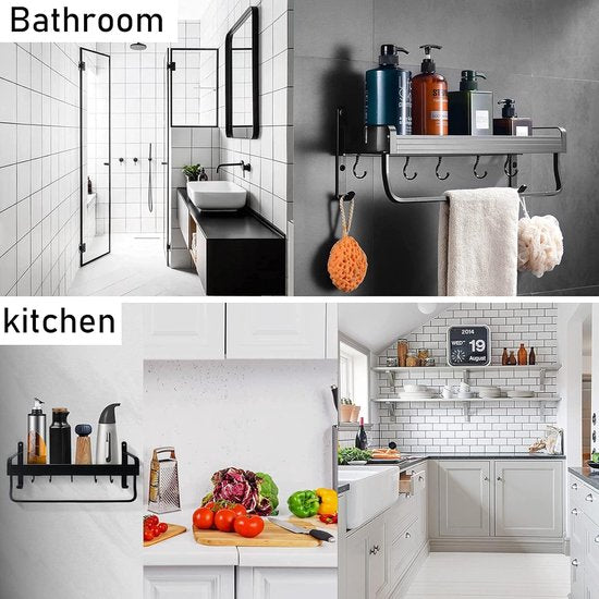 Doucheplank zonder boren, doucherek van ruimte aluminium, zelfklevend badkamerrek, douchemand en shampoohouder voor douche, badkamer en keuken (zwart, 30 cm).