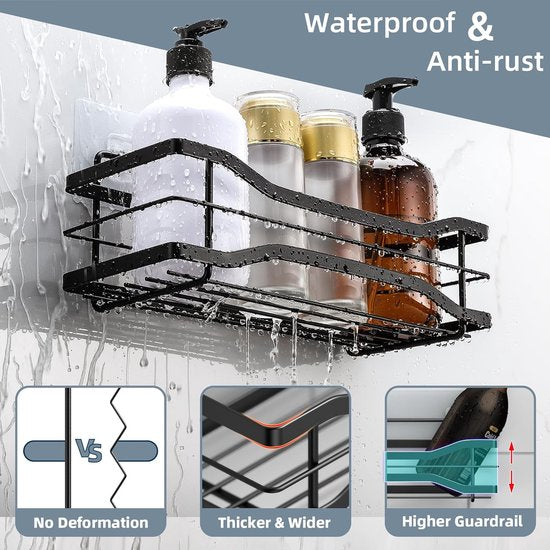 Shower Shelf, No Drilling, Pack of 2 Shower Shelves, Black, Stainless Steel Shower Basket with 8 Accessories, Rustproof Bathroom Shelf, Self-Adhesive Shampoo Holder