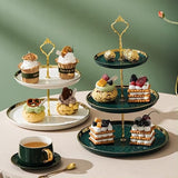 Cupcake-standaard, keramiek, taartstandaard met 3-laags ingelegde gouden dieren, tafels, fruitborden voor salontafel, decoratie, cupcake en borden, dessert, standaard (groen)