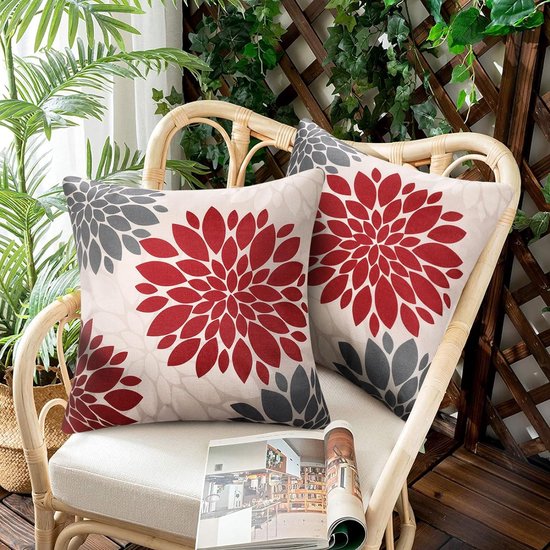 Set van 2 outdoor kussenslopen, rood en grijs, 40 x 40 cm, linnen, waterdichte kussenhoezen, Dahlia boho, sierkussen, bankkussen, decoratief boho, Azteken, bankkussen, overtrek voor bank, bed, terras