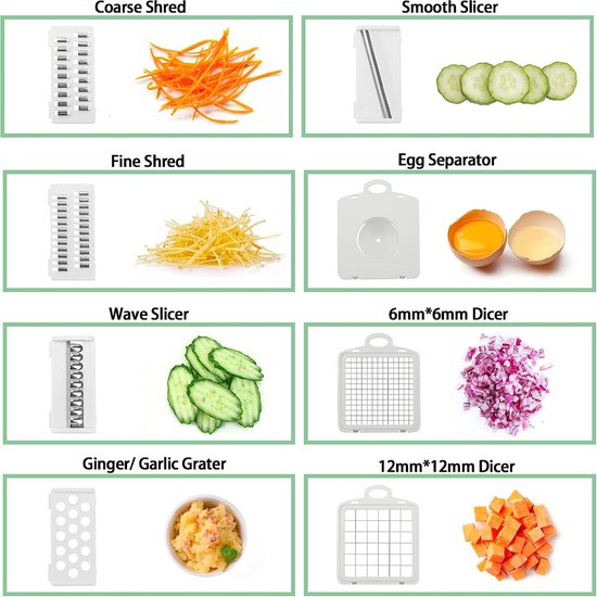 Multifunctionele groentesnijder, 15-in-1 mandoline, groenteschaaf, roestvrij staal, uiensnijder, handmatige uiensnijder, fruitsnijder, aardappelsnijder met eierscheider