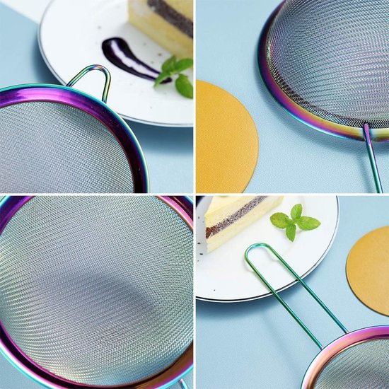 Rainbow Fine Mesh zeef, 3-delige set, kleurrijke meelzeef om te bakken, roestvrijstalen reiniger, veelkleurige matcha-theezeef, sausscheider, stasher-zeef-pastazeef