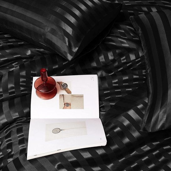 Satijn beddengoed 200 x 200 cm zwart - zijdeglans gestreept beddengoed set 3-delig hoogwaardig luxe dekbedovertrek met verborgen ritssluiting en 2 kussenslopen 80 x 80 cm, zwart