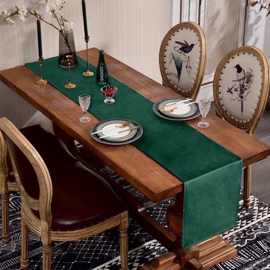SEASHORE TREE Hoogwaardige tafelloper, tafellinnen, effen, onderhoudsvriendelijk, tafelloper, fluweel, kleur en maat naar keuze, donkergroen, 35 x 180 cm