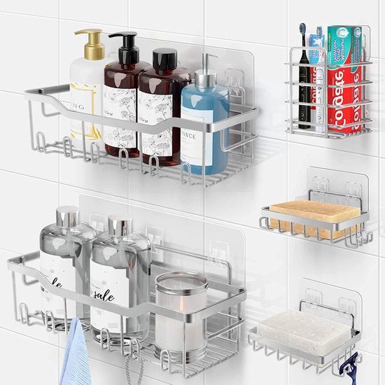 Doucheplank zonder boren, 5 stuks badkamerorganizer, doucheplank zonder boren, badkamerorganizer, badkamerrek, zilvergrijs, van SUS304 roestvrij staal, badkamerrek, douchemand, shampoohouder voor douche