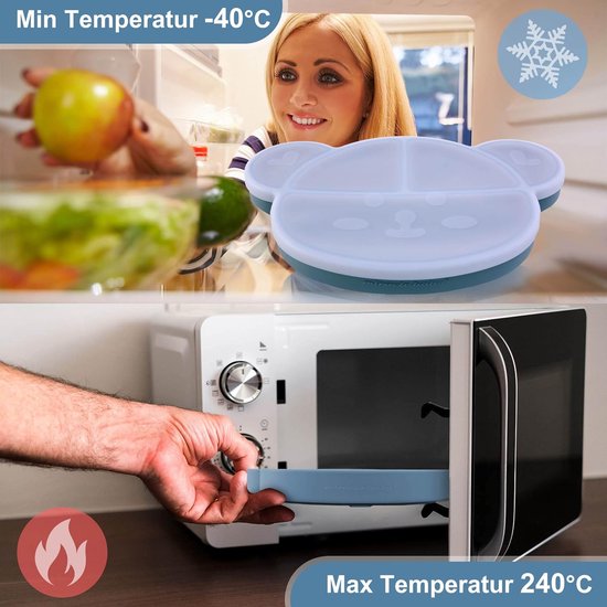 Babybord met antislip zuignap, siliconen kinderbord met deksel en lepel, babybord, onderverdeeld, kleine kinderen, serviesset met geschenkdoos, BPA-vrij en vaatwasmachinebestendig, blauw