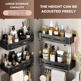 Badkamerplank zwart douchemandje en keukenopberger zonder boormachine. Roestbestendige aluminium badkamerwagen voor wandmontage met 6 haken