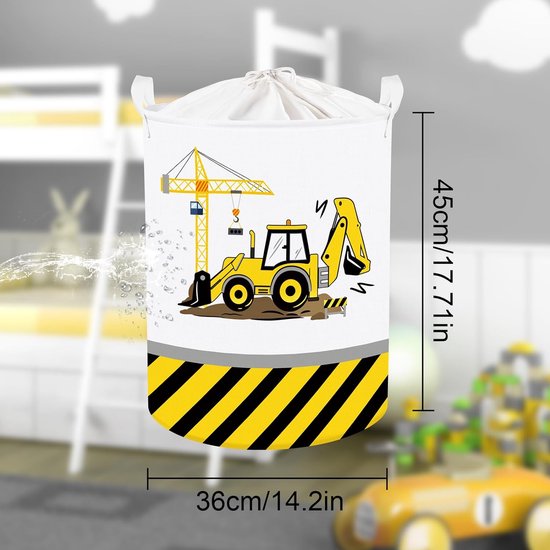 45L Cartoon Digger Sertifen Yellow Boys Laundry Basket Crane Round Toy Clothes Storage Basket for Baby Room, 36 x 45 cm