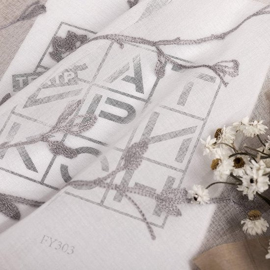 set van 2 gordijnen, transparant, bloemenborduurwerk met plooiband, linnenlook, dubbele gordijnen, voile, raamgordijn, decoratiegordijn voor woonkamer en slaapkamer, 140 x 175 cm, grijs