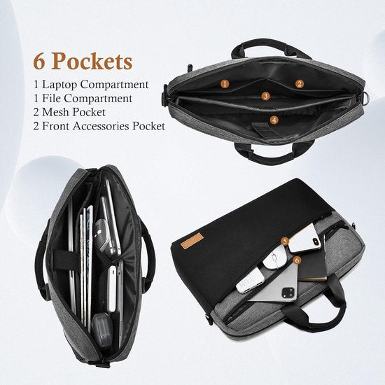 Laptoptas, aktetas, geschikt voor laptops tot 13-17,3 inch, uitbreidbare waterdichte schoudertas, draagtas, notebooktas, pc, computertas met RFID-vakken, grijs,