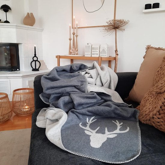 Knuffeldeken, 150 x 200 cm, omkeerbare deken, katoenmix, hert, lichtgrijs