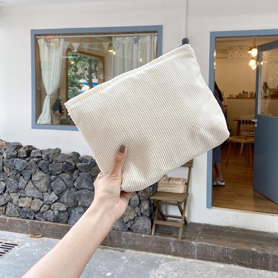 Cosmetische tas, corduroy, cosmeticatasje, stoffen cosmeticatasje met ritssluiting, make-uptas, make-up-organizer voor meisjes en dames, melkwit, kaki, groen (25 x 18 x 5 cm), melkwit, kaki,