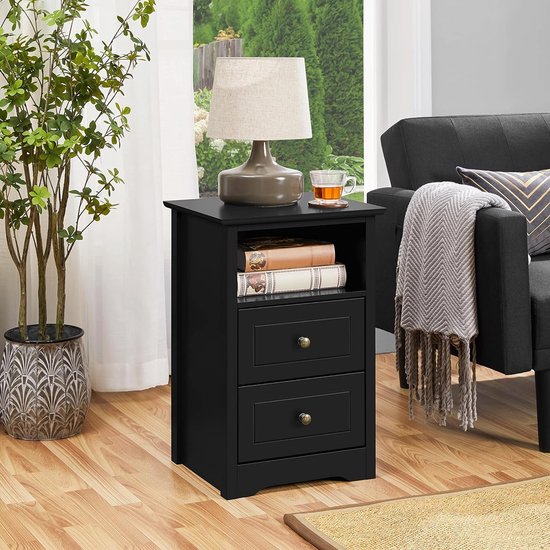Nachtkastje nachtkastje met 2 laden en 1 open legplank, eenvoudige bijzettafel, boxspringbed, nachtkastje voor slaapkamer en woonkamer, zwart